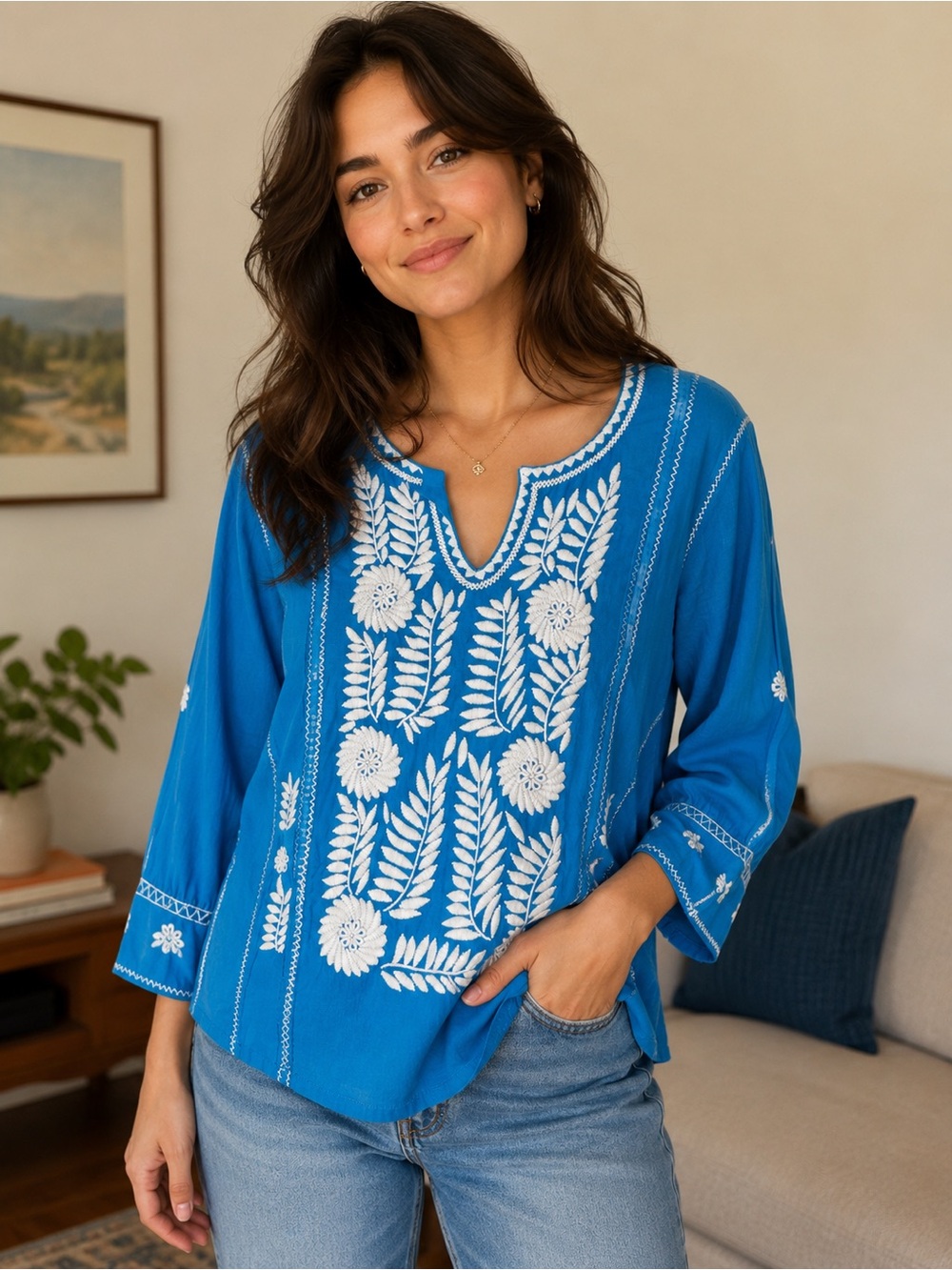 Sister Mary 100% Cotton Blue White Floral Embroidered Blouse Sz S Cottage Boho